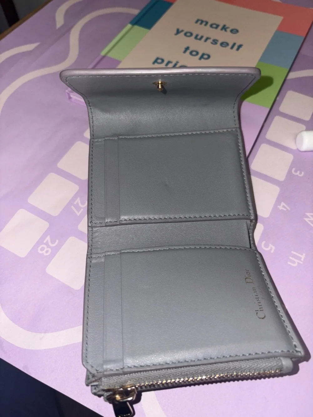 Dior Light sage Gray Leather Zip Card Wallet with Gold Logo
